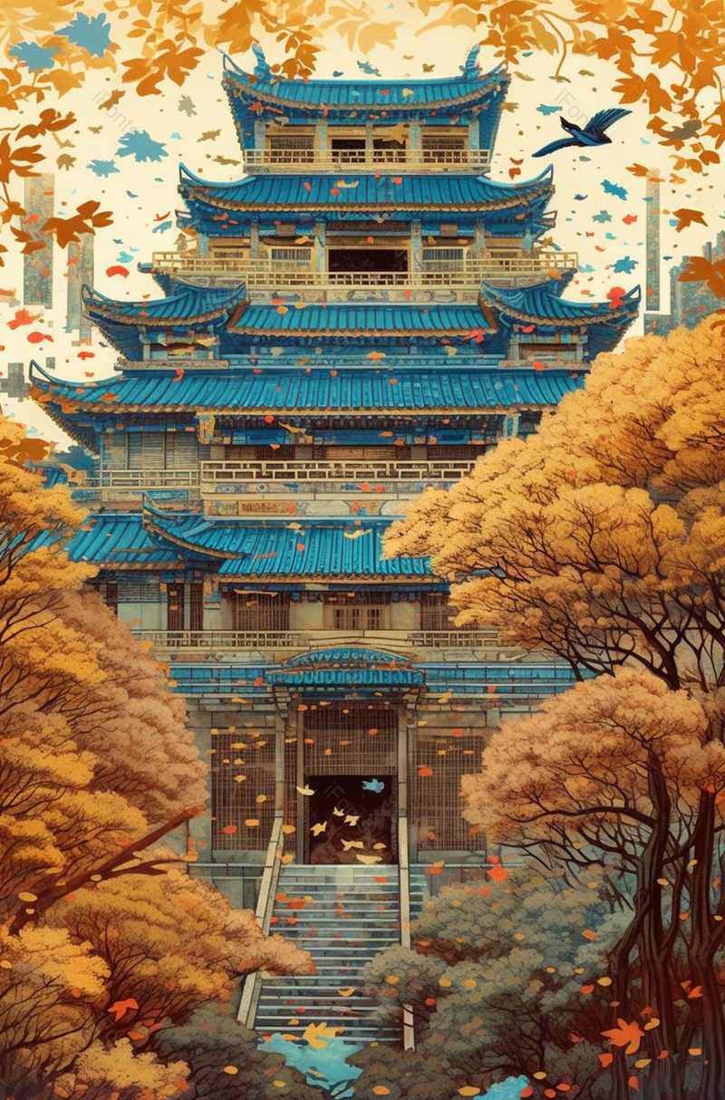 秋季枫林松林中阁楼中国风国潮古典中国传统文化背景插画,插画/手绘图,插画/手绘图库,插画/手绘图下载,插画/手绘
